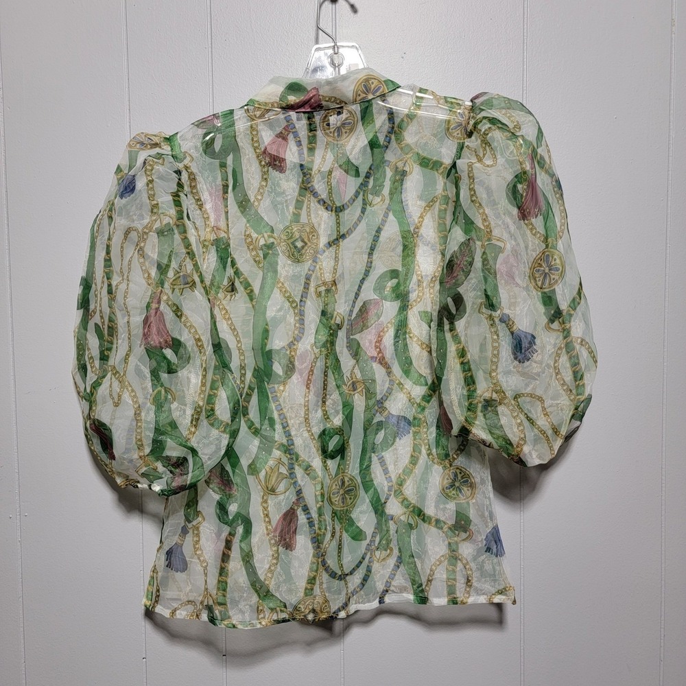 18 Centimeters Sheer Chiffon Chain Print Puff Sleeve Collared Button Up Blouse M - Picture 3 of 5